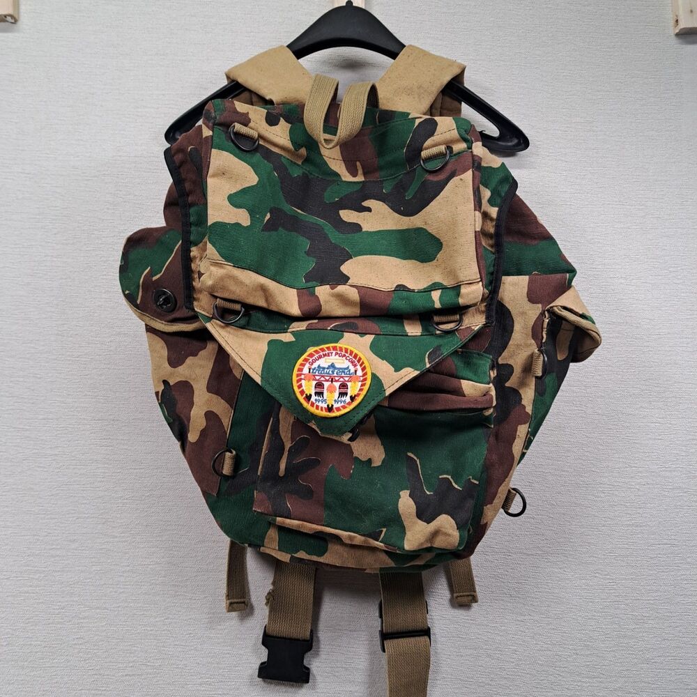 Woodland Camo Canvas Rucksack Backpack Vintage Scout Patch Gorpcore Daypack